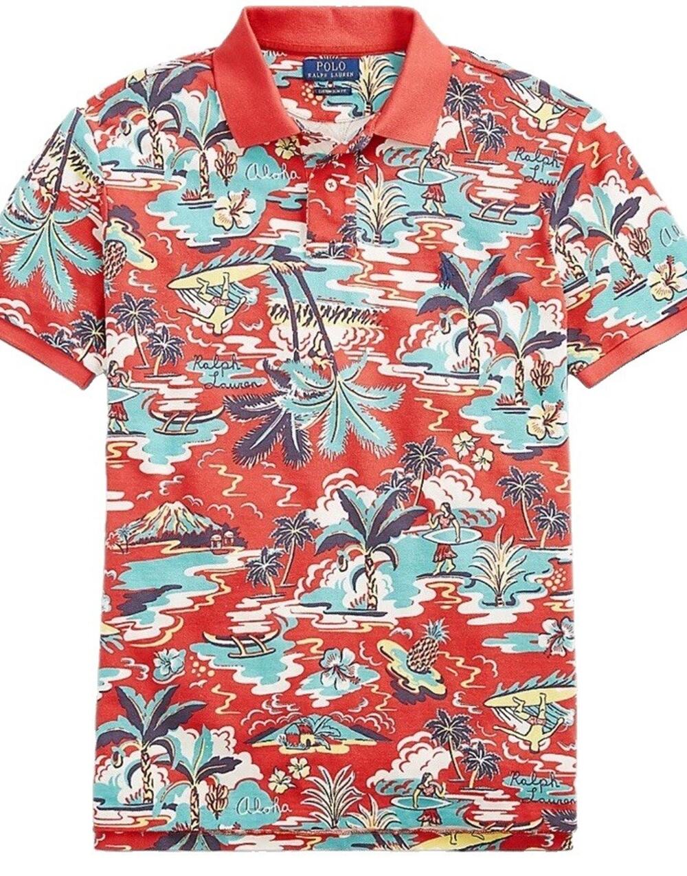 Polo Ralph Lauren Polo Shirt Mens Small Red Hawaiian Aloha AOP Surf Classic Fit